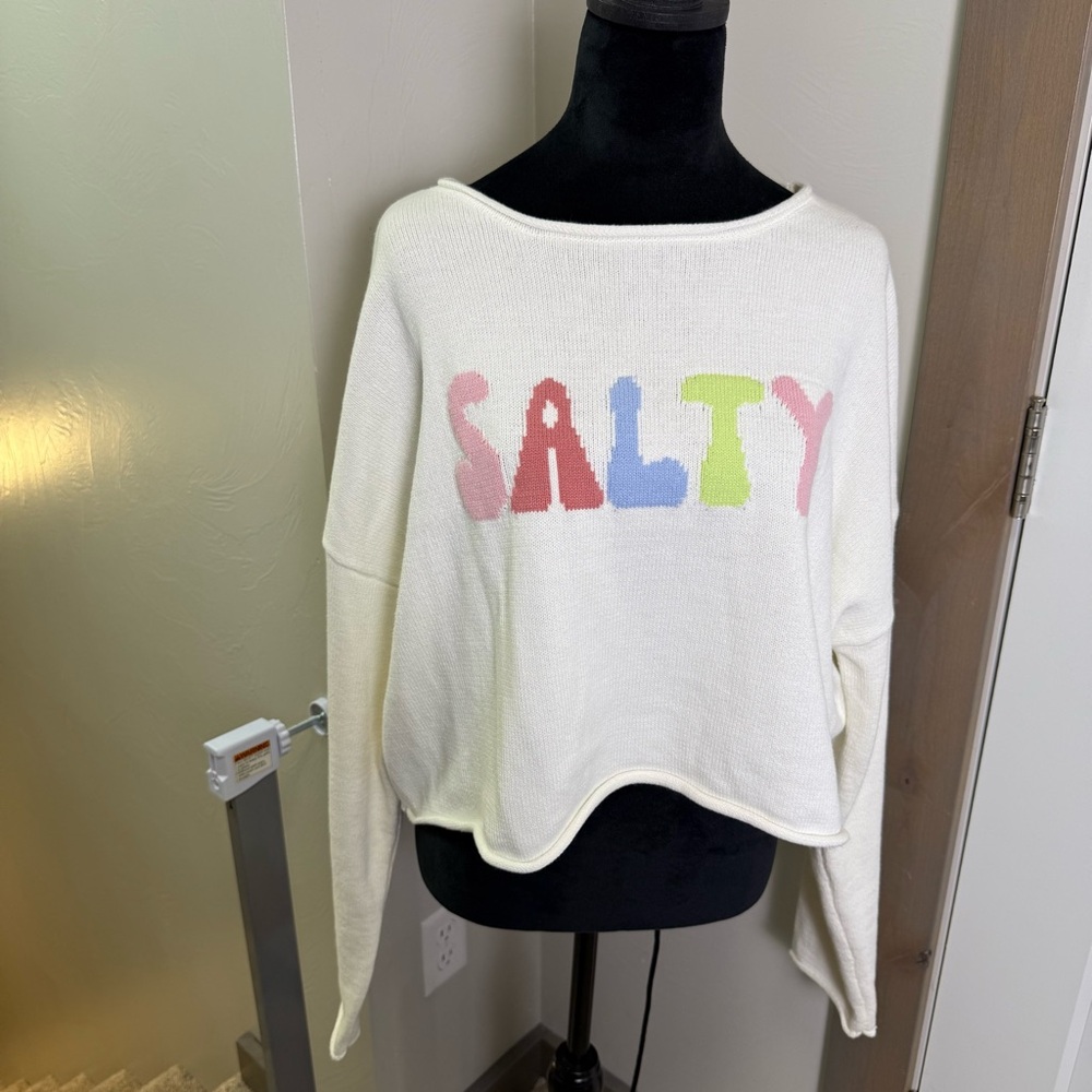 Moon & Madison Cropped Sweater Salty Bubble Letter Graphic Knit Long Sleeve‎ XL
